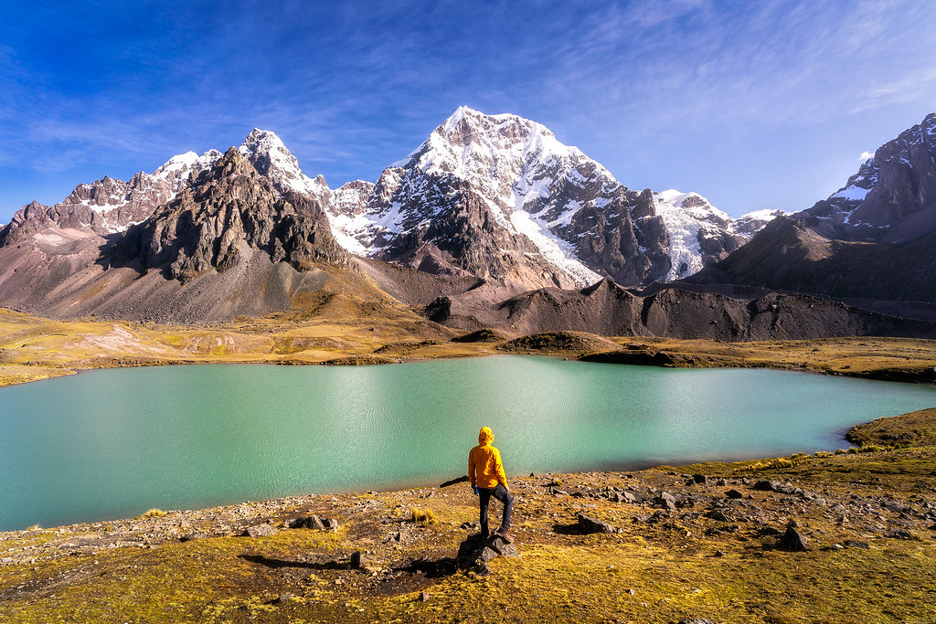 The famous Sky Camp in Soraypampa under the impressive humantay mountain lighted for the light of the starts. Stargazing in Peru.
